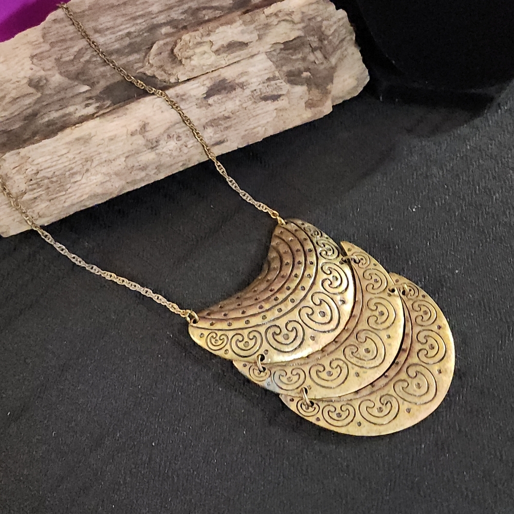 Boho Brass Toned Crescent 3 Tiered Bib Necklace
